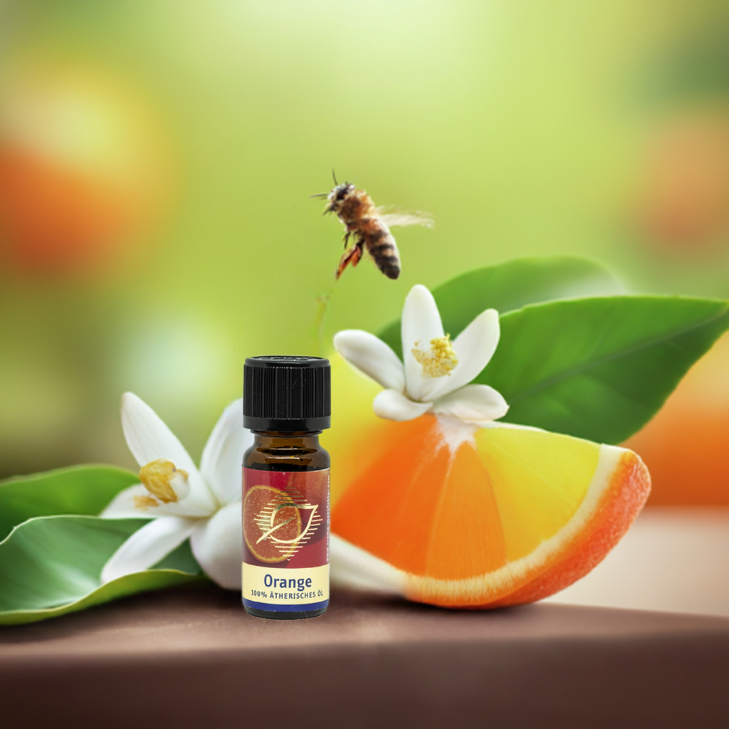 Orange Ätherisches Öl 10 ml  Hintergrund Wespe, Orangen und Blüten