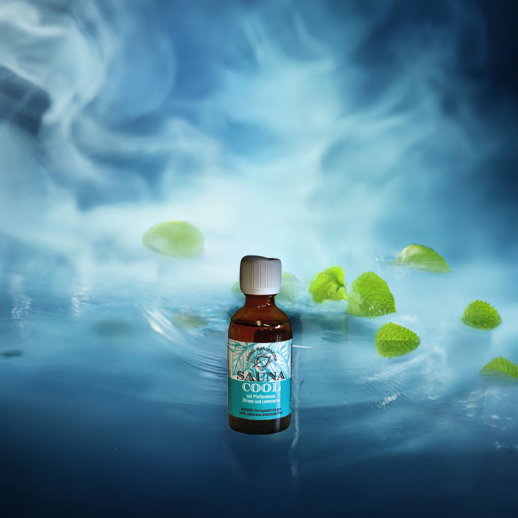 Sauna Konzentrat Cool mit Pfefferminzöl, Zitrone und Lemongras 50 ml > Hintergrund blau, mit  Zitronenblätter